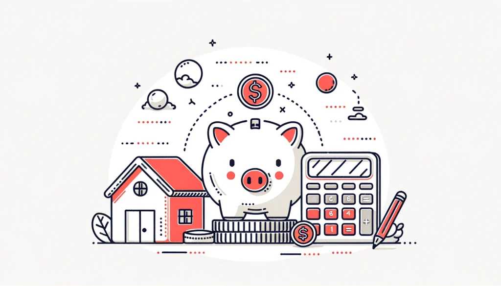simple doodle line vector illustration, featuring a piggy bank sitting on a stack of coins with a calculator and a house model beside it, minimal and adorable, simple shapes, professional vector art, whimsical hand drawn style, smooth and clean composition, white lines with Scarlet, Sky blue and Lemon shapes, (on a plain white background:1.4),(Resolution:1280x670px),(aspect ratio:16:9)