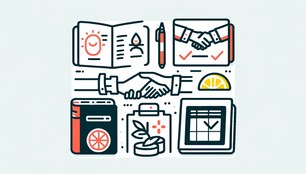 simple doodle line vector illustration, featuring three icons: a shared savings account book, a ledger with a pen, and two people shaking hands over a document, symbolizing agreement, minimal and adorable, simple shapes, professional vector art, whimsical hand drawn style, smooth and clean composition, white lines with Scarlet, Sky blue and Lemon shapes, (on a plain white background:1.4),(Resolution:1280x670px),(aspect ratio:16:9)