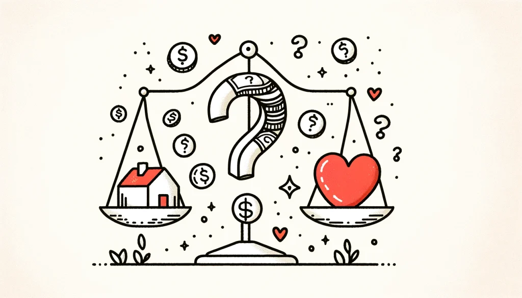 simple doodle line vector illustration, featuring a question mark made of coins and banknotes with a scale balancing a house and a heart, implying the balance between love and financial stability, minimal and adorable, simple shapes, professional vector art, whimsical hand drawn style, smooth and clean composition, white lines with Scarlet, Sky blue and Lemon shapes, (on a plain white background:1.4),(Resolution:1280x670px),(aspect ratio:16:9)